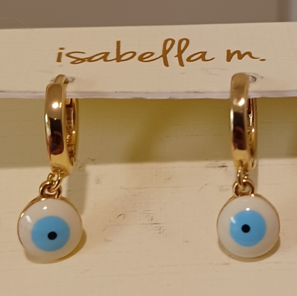 ISABELLA M STERLING SILVER GOLD PLATED EVIL EYE PROTECTION DANGLE HOOP EARRINGS